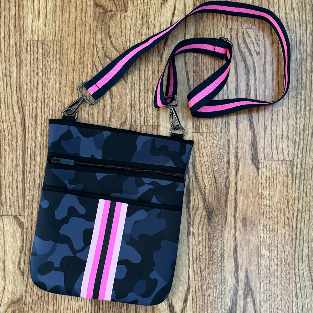 The Neoprene Isabella Crossbody - Blue Camo with Pink Stripe